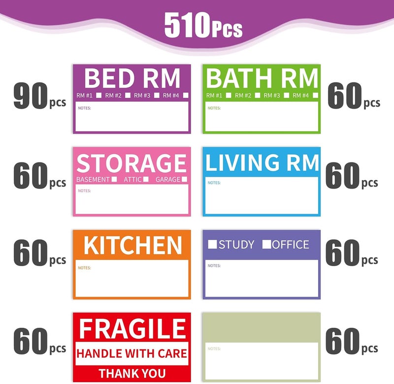 TRYXN 510 Home Moving Labels, 3.4 x 2 inches, 8-Color Coded Packing Box Stickers with Fragile and Blank Customizable Labels - Image 3